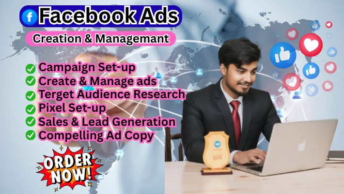 Facebook Ads service showing campaign setup, audience targeting, and ad performance tracking.